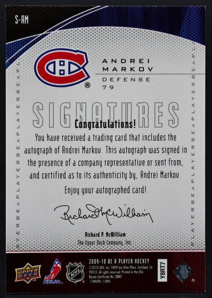 Carte autographiée Andrei Markov S-AM des Canadiens de Montréal, collection « Be A Player » 2009-10 UD