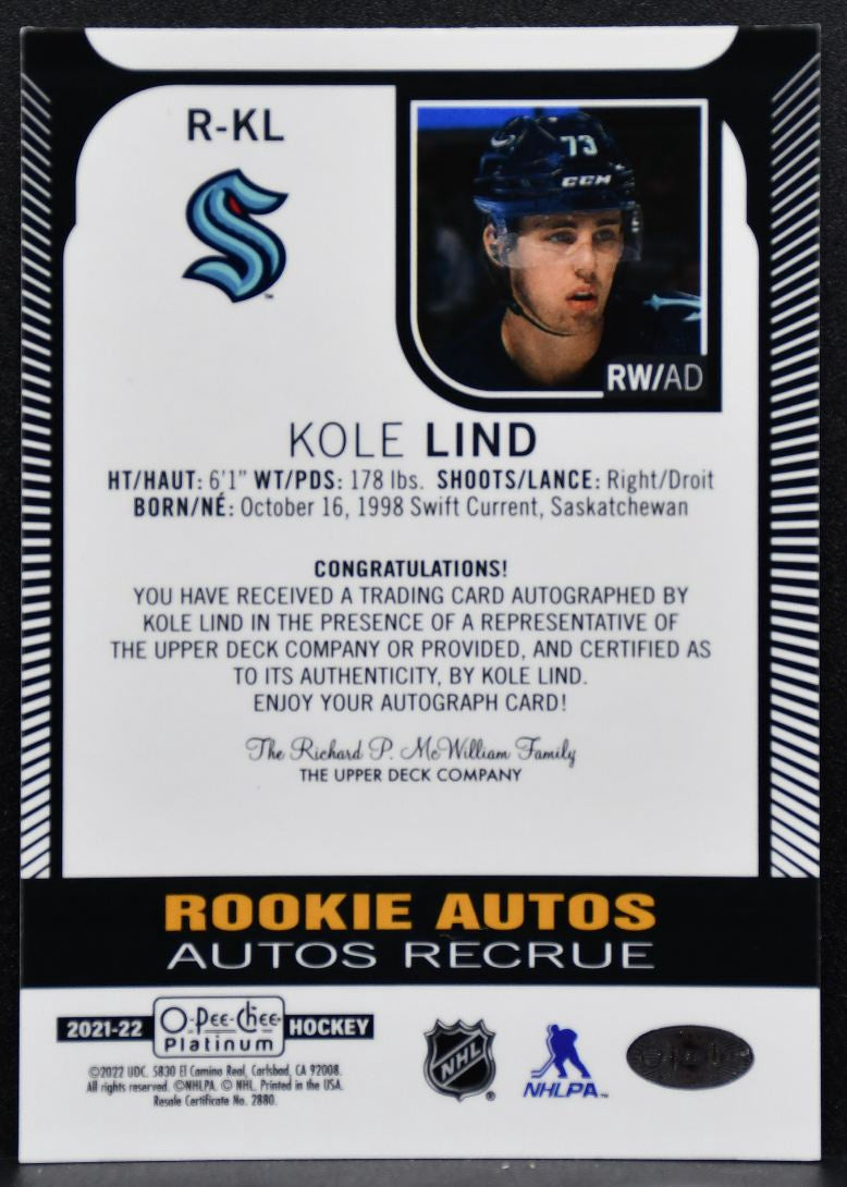 2021-22 O-Pee-Chee Platinum Rookie Autographs Kole Lind RC Auto 3135