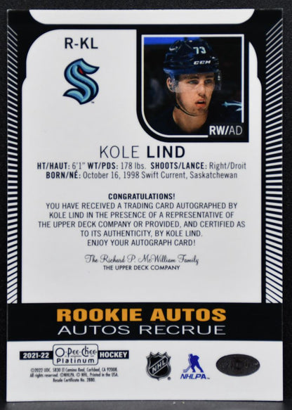 2021-22 O-Pee-Chee Platinum Rookie Autographs Kole Lind RC Auto 3135