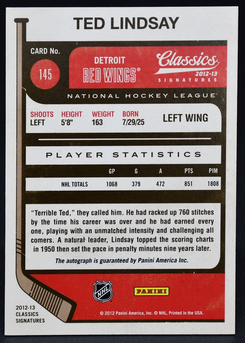 2012-13 Panini Classics Signatures Ted Lindsay 145 Auto