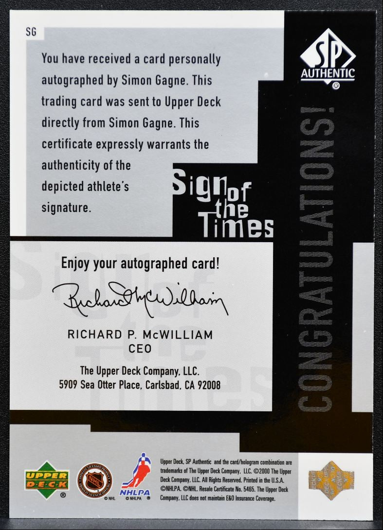 1999-100 SP Authentic Sign of the Times Simon Gagne Auto 0643