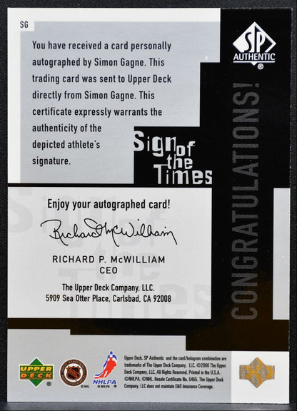 1999-100 SP Authentic Sign of the Times Simon Gagne Auto 0643