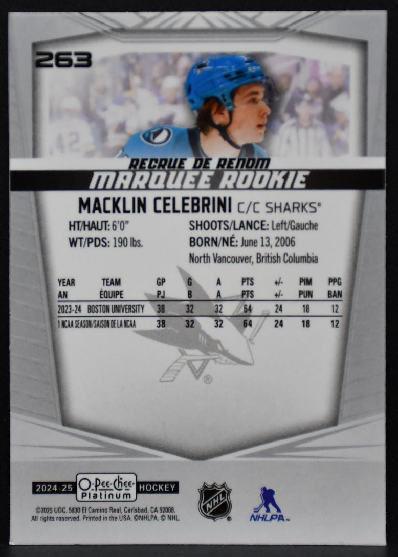 2024-25 O-Pee-Chee Platinum Marquee Rookie Macklin Celebrini 263 Sharks RC 7143