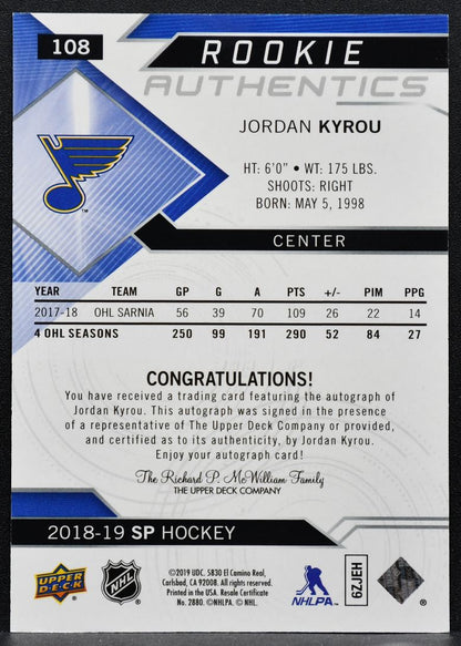 2018-19 SP Rookie Authentics Auto Jordan Kyrou 108 St. Louis Blues RC Auto 7597