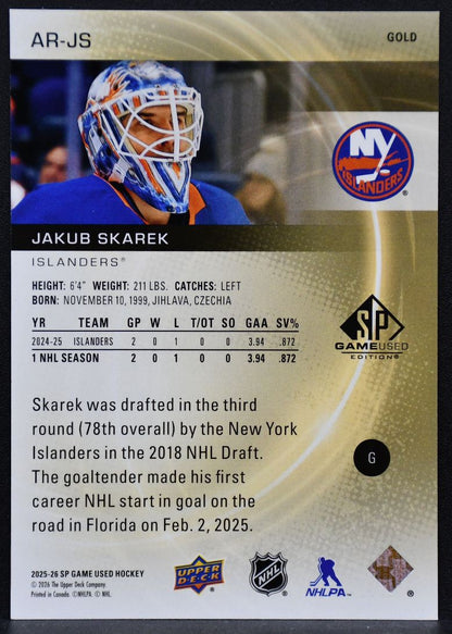 25-26 SP Game Used Authentic RC Gold Jakub Skarek AR-JS New York Islanders /149 7154