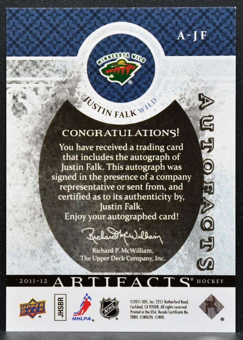 2011-12 Upper Deck Artifacts Autofacts Justin Falk A-JF Minnesota Wild Auto 7125