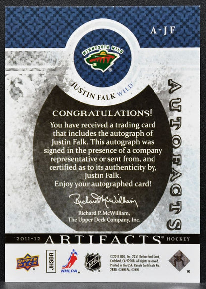 2011-12 Upper Deck Artifacts Autofacts Justin Falk A-JF Minnesota Wild Auto 7125