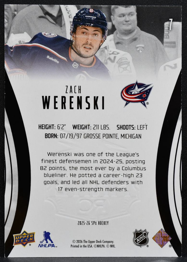 2025-26 SPx Finite Blue Zach Werenski 7 Columbus Blue Jackets 218/999 0153