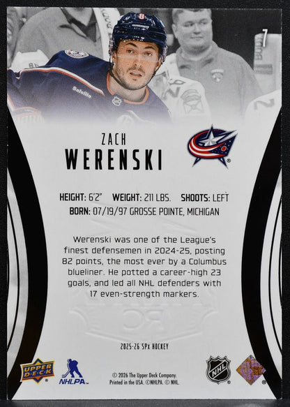 2025-26 SPx Finite Blue Zach Werenski 7 Columbus Blue Jackets 218/999 0153