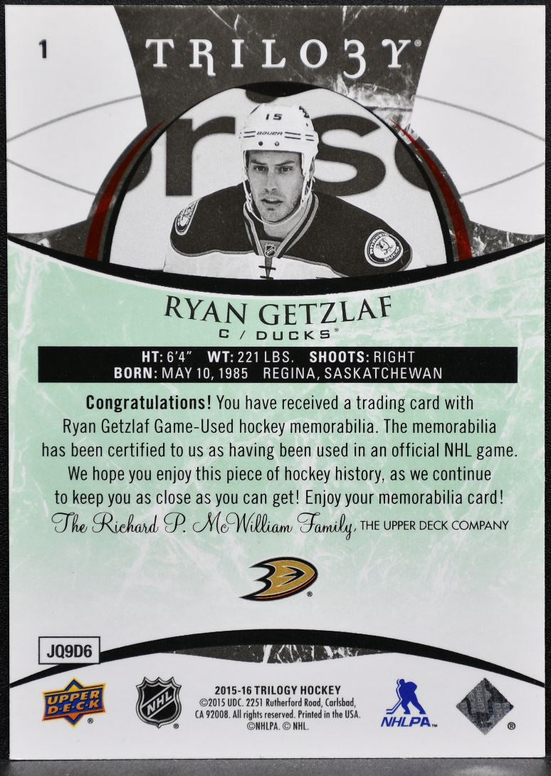 2015-16 UD Trilogy Career Stats Green Foil Ryan Getzlaf 1 /105 Jersey 0024