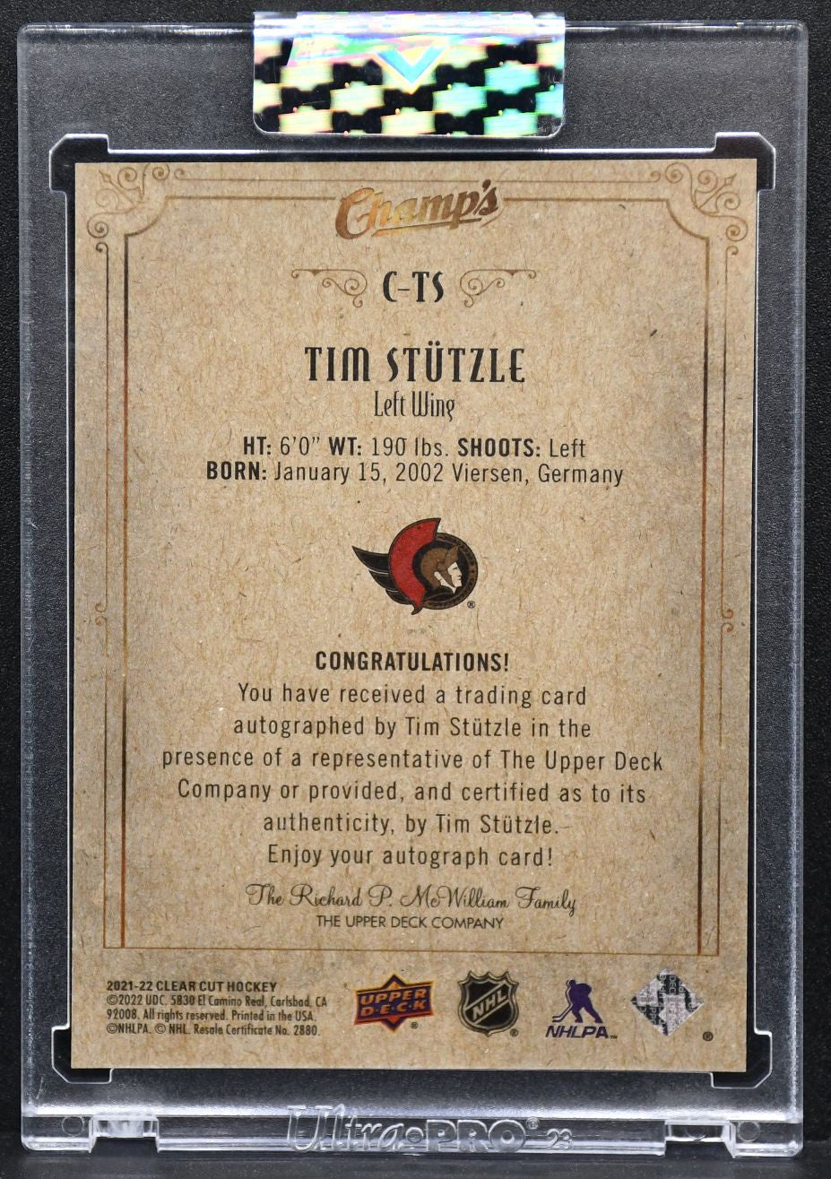 2021-22 UD Cleaqr Cut Champ's Tim Stutzle 4 Ottawa Senators Auto 12 /25