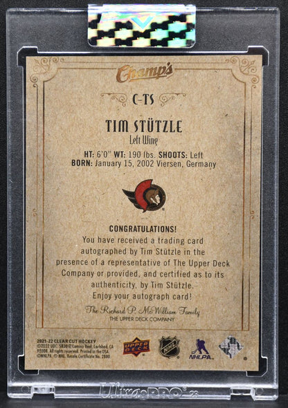2021-22 UD Cleaqr Cut Champ's Tim Stutzle 4 Ottawa Senators Auto 12 /25