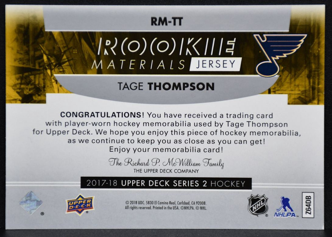 2017-18 UD Series 2 RC Materials Tage Thompson RM-TT St. Louis Blues RC Jersey 4435