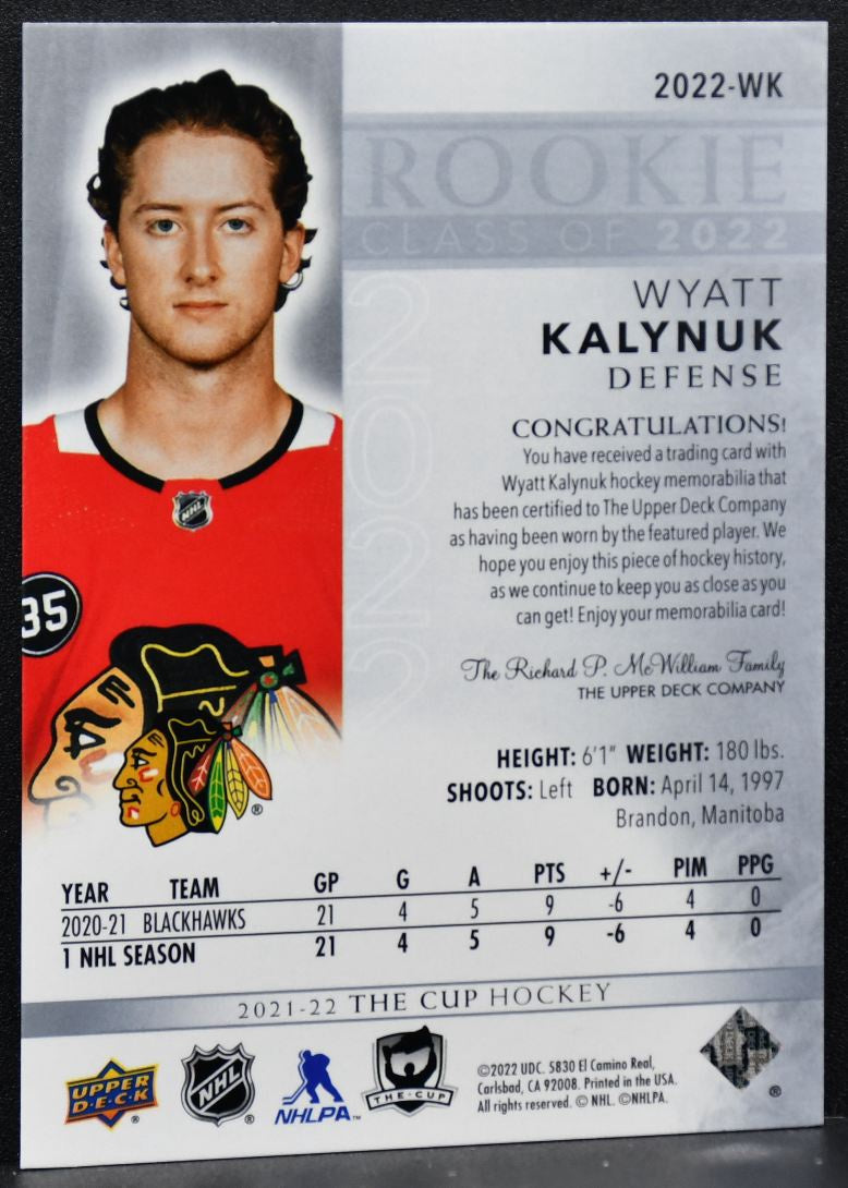 2021-22 UD The Cup Rookie Class of 2022 Patch Wyatt Kalynuk RC Patch 9477