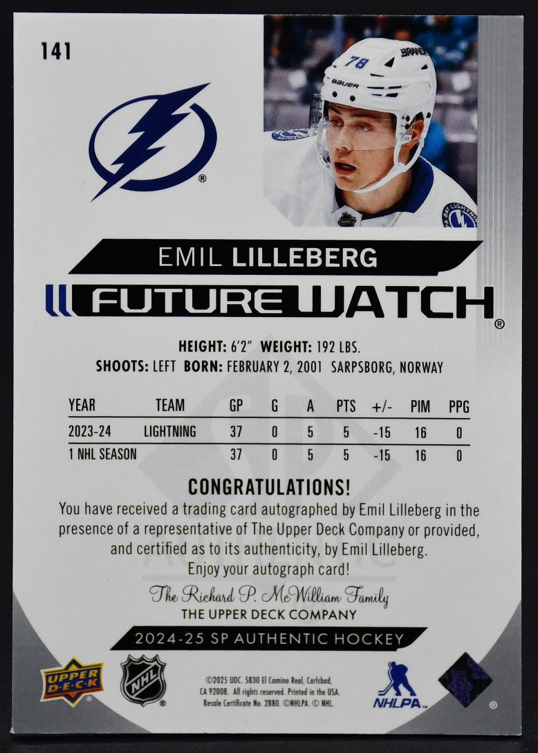 2024-25 SP Authentic Emil Lilleberg 141 Tampa Bay Lightning RC Auto 135/999