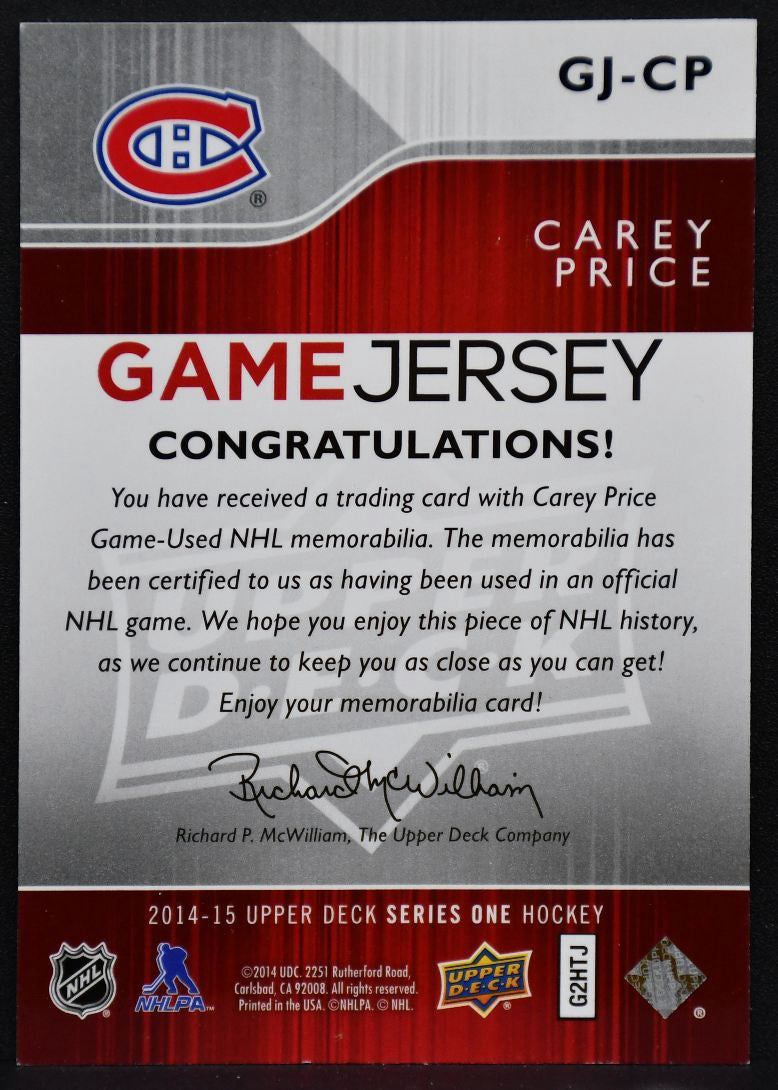 2014-15 UD Series 1 Game Jerseys Carey Price GJ-CP Montreal Canadiens Jersey 4312