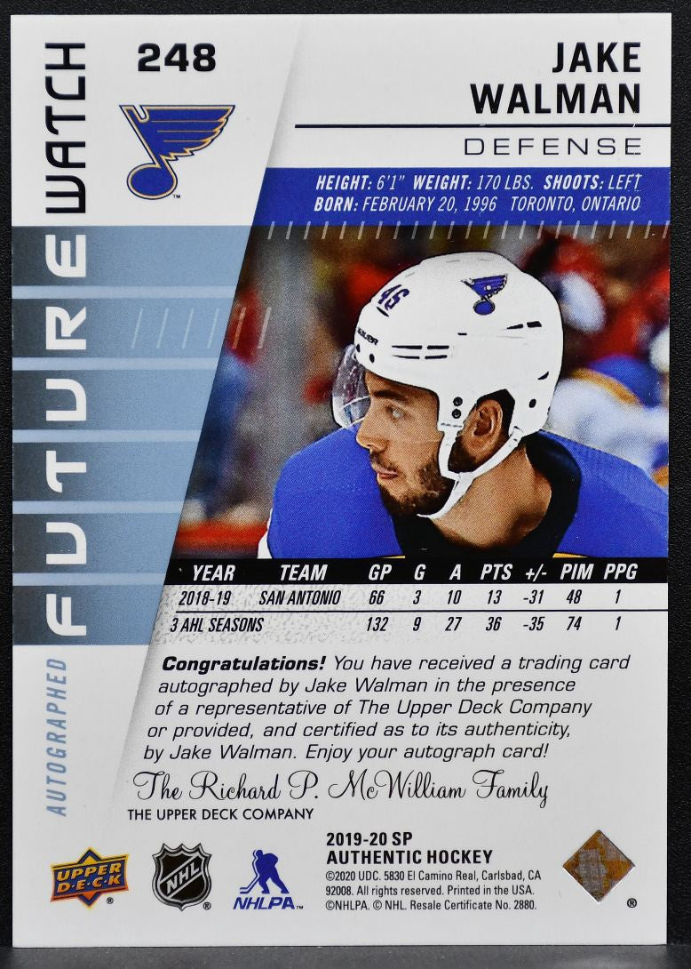 2019-20 SP Authentic Future Watch Auto Jake Walman Blues RC Auto 296/999 9466