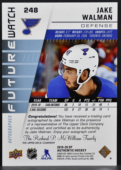 2019-20 SP Authentic Future Watch Auto Jake Walman Blues RC Auto 296/999 9466