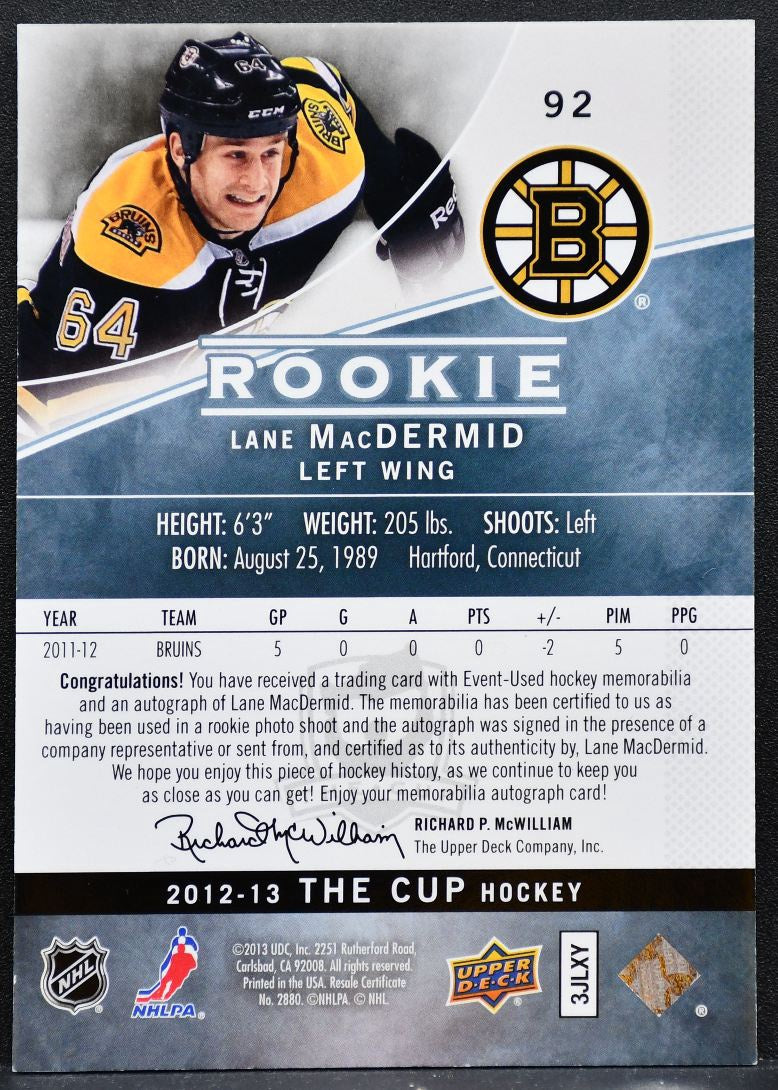 2012-13 UD The Cup Rookie Auto Patch Lane MacDermid RC Auto 122/249 Patch 2121