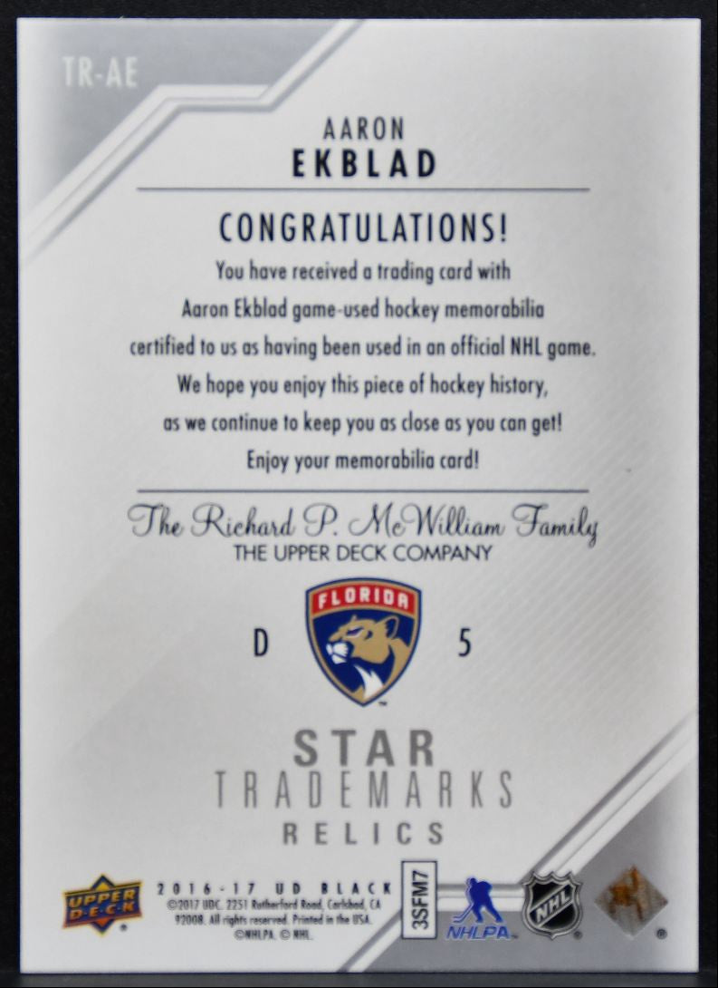 2016-17 UD Black Star Trademarks Relics Aaron Ekblad TR-AE Panthers Jersey 9021