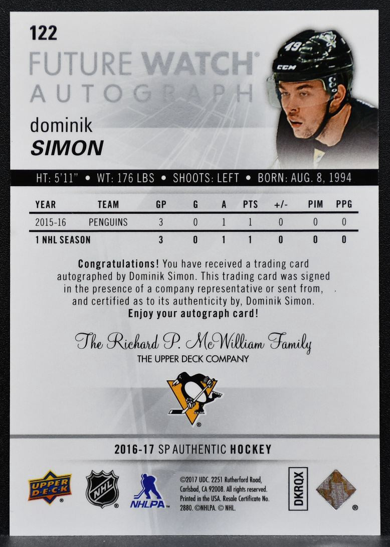 2016-17 SP Authentic Future Watch Auto Dominik Simon Penguins RC Auto 0972