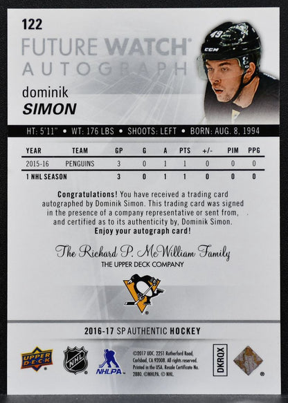 2016-17 SP Authentic Future Watch Auto Dominik Simon Penguins RC Auto 0972