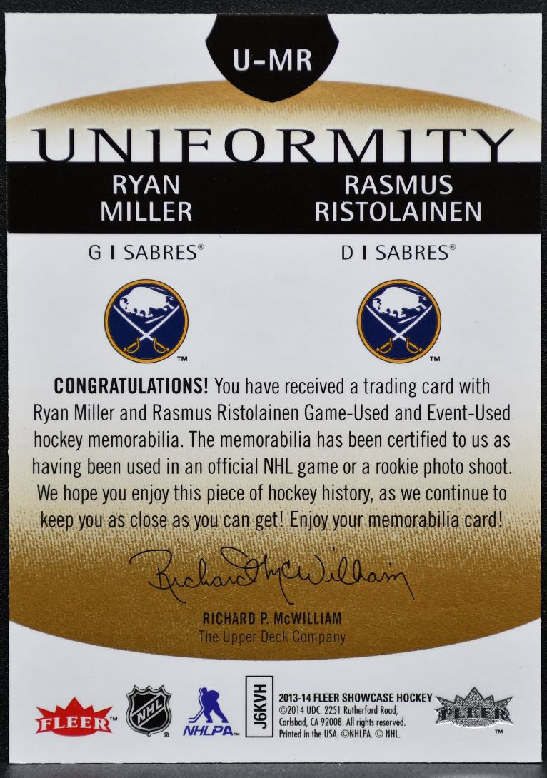 2013-14 Fleer Showcase Uniformity Miller/Ristolainen Jersey 0147