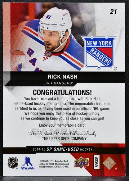 2014-15 UD Ultimate Collection Base Jersey Relics Rick Nash Rangers Jersey 5222