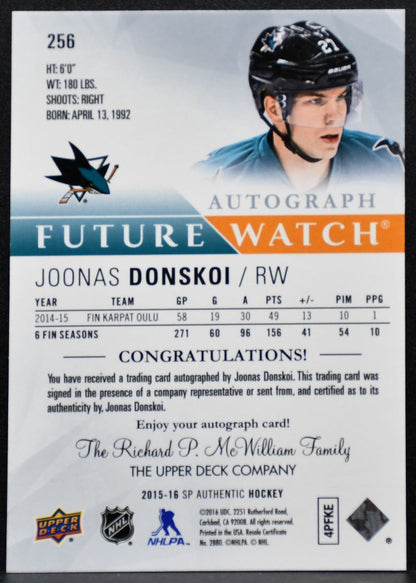 2015-16 SP Authentic Future Watch Auto Joonas Donskoi RC Auto 155/999 2961