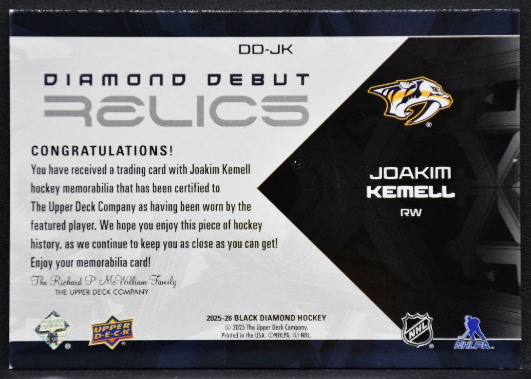 25-26 UD Black Diamond Debut Relics Jersey Joakim Kemell Predators RC Jersey 2608