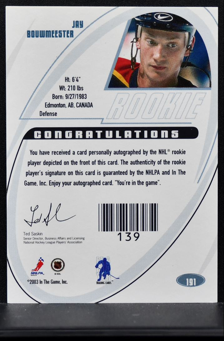2002-03 In The Game Signature Rookie Jay Bouwmeester 191 Panthers RC Auto 0505