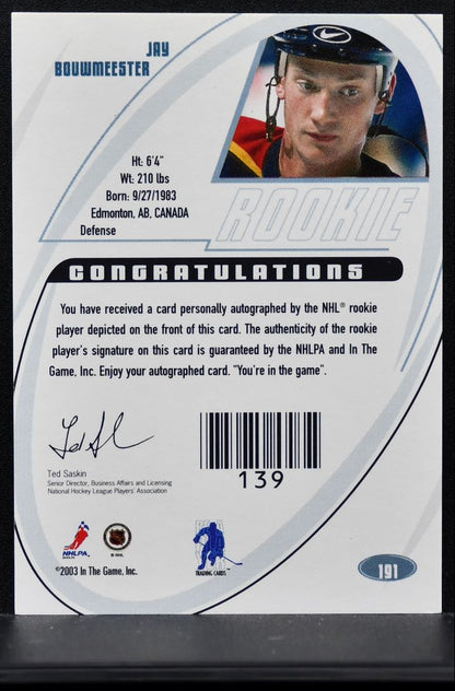 2002-03 In The Game Signature Rookie Jay Bouwmeester 191 Panthers RC Auto 0505