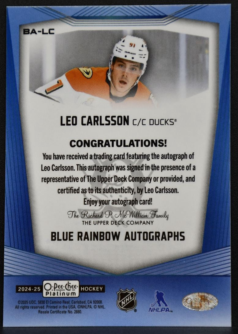 2024-25 OPC Platinum Blue Rainbow Autographs Leo Carlsson BA-LC Ducks Auto 8386