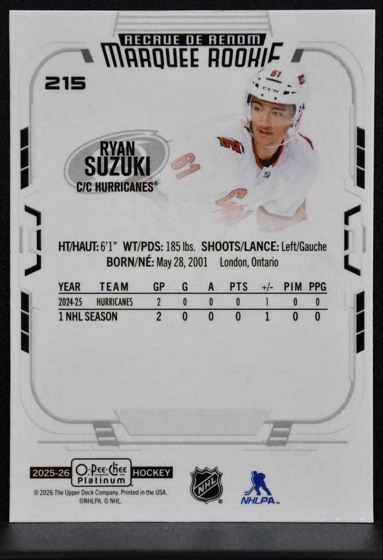 2025-26 O-Pee-Chee Platinum Marquee Rookie Ryan Suzuki 215 Hurricanes RC 2164
