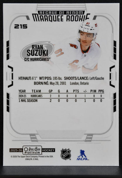2025-26 O-Pee-Chee Platinum Marquee Rookie Ryan Suzuki 215 Hurricanes RC 2164