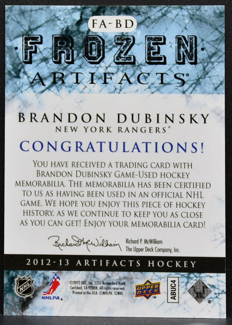 2012-13 UD Artifacts Frozen Jerseys Blue Brandon Dubinsky Rangers Jersey 2099