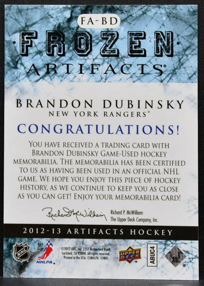 2012-13 UD Artifacts Frozen Jerseys Blue Brandon Dubinsky Rangers Jersey 2099