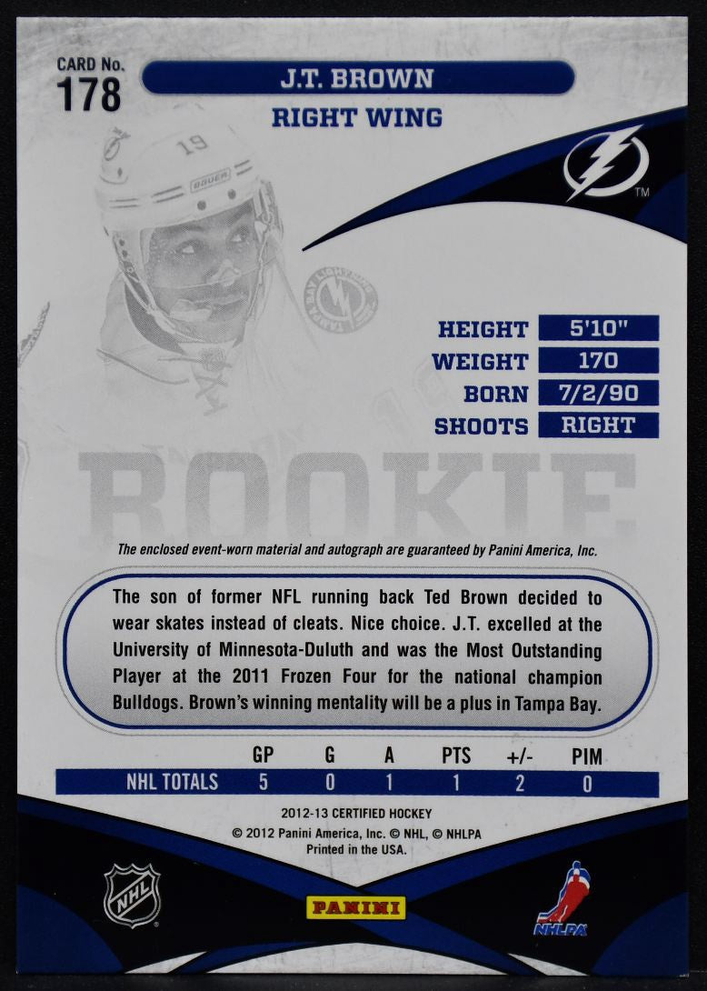 Panini Certified Mirror Red RC Auto Jersey J.T. Brown Bay Lightning RC Auto /100 3866