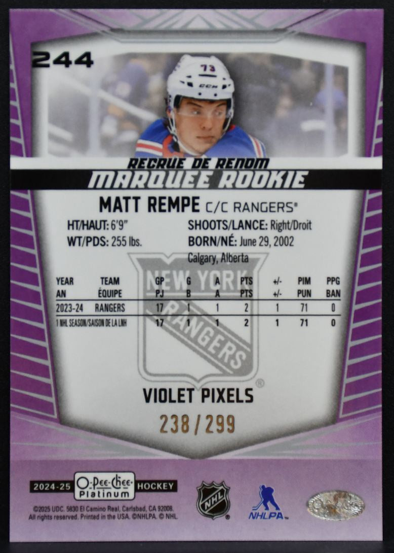 2024-25 OPC Platinum Marquee Violet Pixels Rempe 244 Rangers RC 238/299 8188