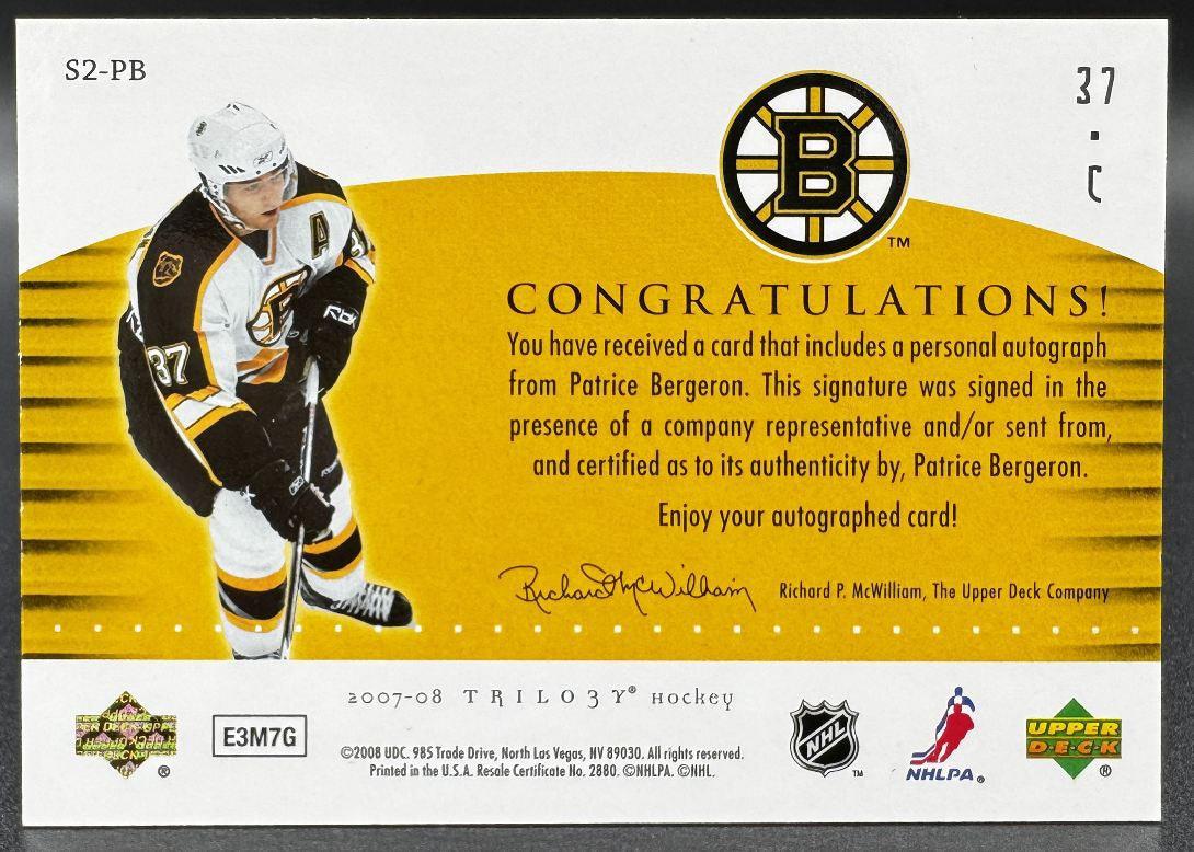 2007-08 UD Trilogy Script Two (Actuellement en vedette) Patrice Bergeron Boston Bruins Auto