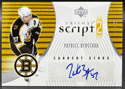 2007-08 UD Trilogy Script Two (Actuellement en vedette) Patrice Bergeron Boston Bruins Auto