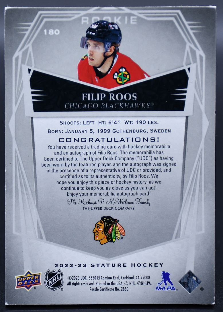 2022-23 UD Stature Filip Roos 180 Chicago Blackhawks RC Auto /20 Patch