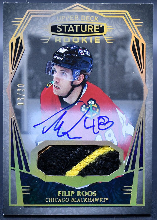 2022-23 UD Stature Filip Roos 180 Chicago Blackhawks RC Auto /20 Patch
