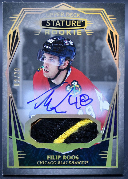 2022-23 UD Stature Filip Roos 180 Chicago Blackhawks RC Auto /20 Patch