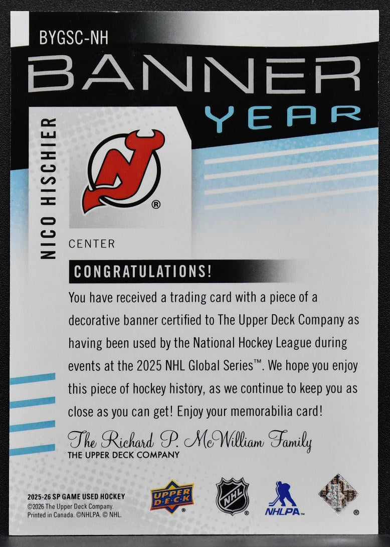 25-26 SP Game Used Global Series Czechia Banner Year Hischier BYGSC-NH Devils 7796