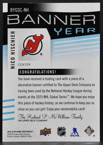 25-26 SP Game Used Global Series Czechia Banner Year Hischier BYGSC-NH Devils 7796