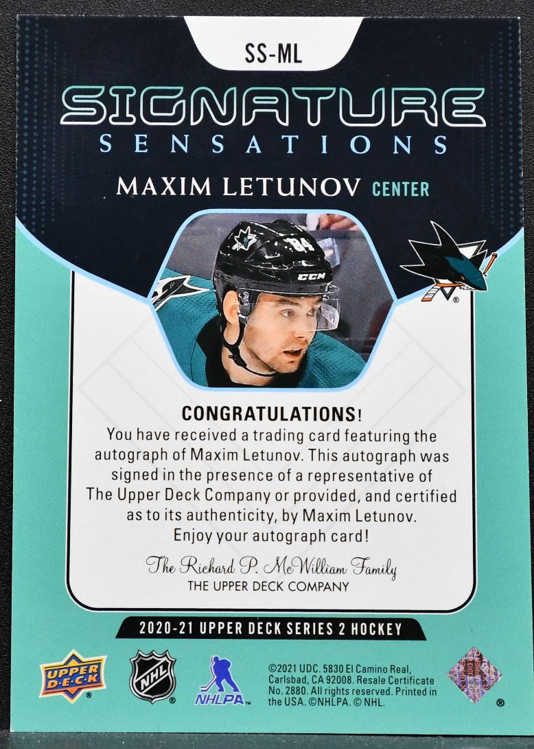 2020-21 UD Series 2 Signature Sensations Maxim Letunov SS-ML Sharks Auto 7559