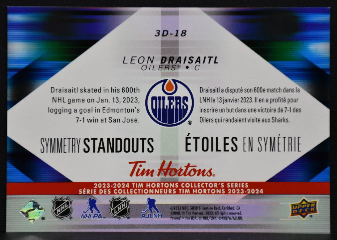2023-24 UD Tim Hortons Symmetry Standouts Leon Draisaitl 3D-18 Edmonton Oilers 7238