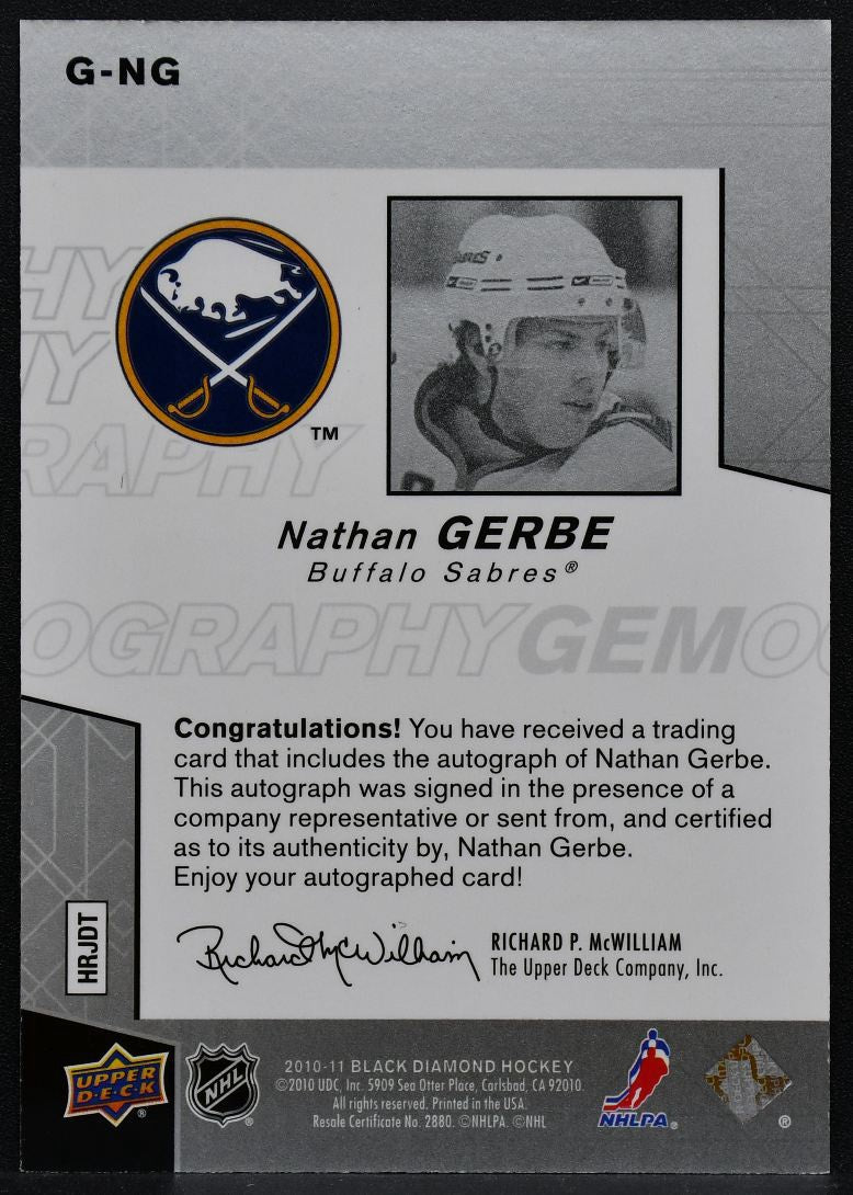 2010-11 Upper Deck Black Diamond Gemography Nathan Gerbe G-NG Sabres Auto 1387