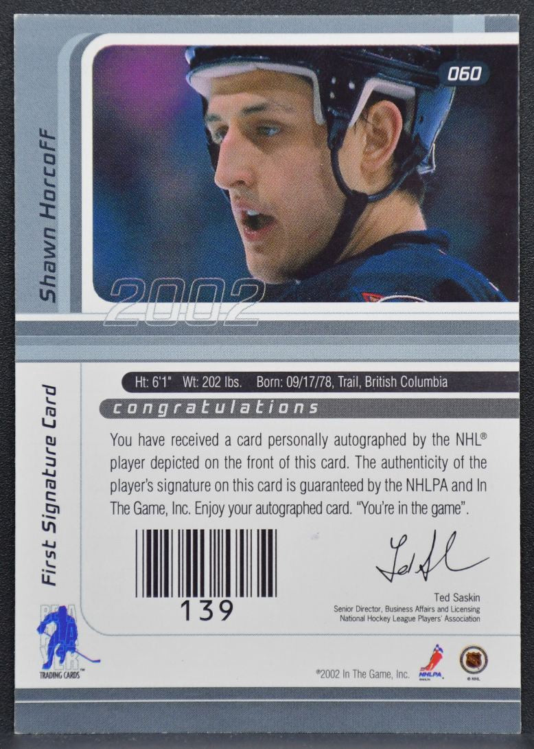 2001-02 In The Game Series Vault Stamp Shawn Horcoff 060 Oilers Auto 2674